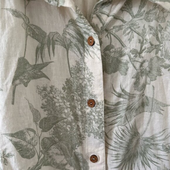 🌿 Naturals D&Co Linen Blend Botanical Print Button Down Top Ruffle Sleeve 1X 🌿 - Picture 6 of 10